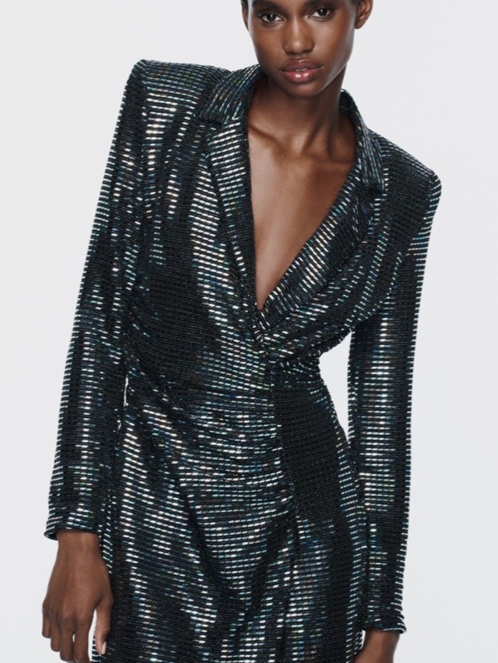 Zara Black Iridescent Stripe Ruched Long-Sleeve Dress BNWT